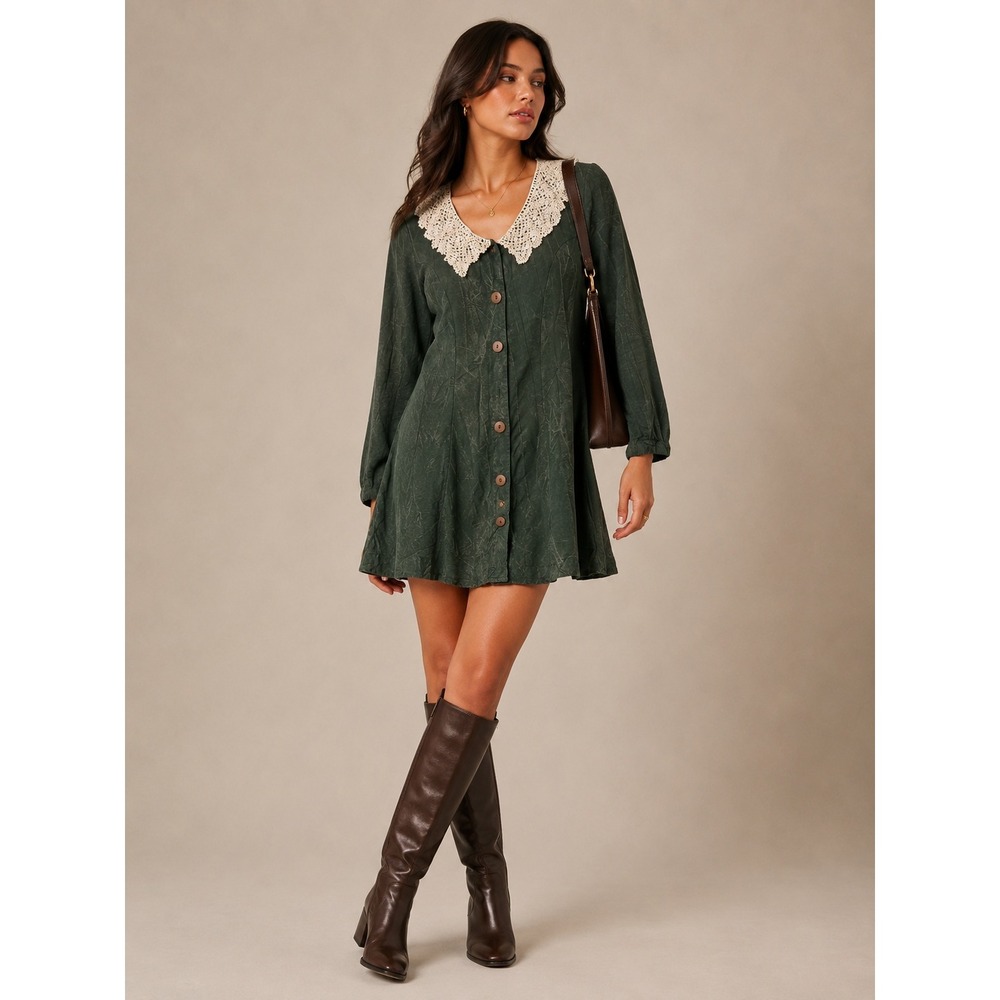 Vintage 90s Babydoll Dress 7/8 Green Lace Collar Rayon Mini Victorian Grunge